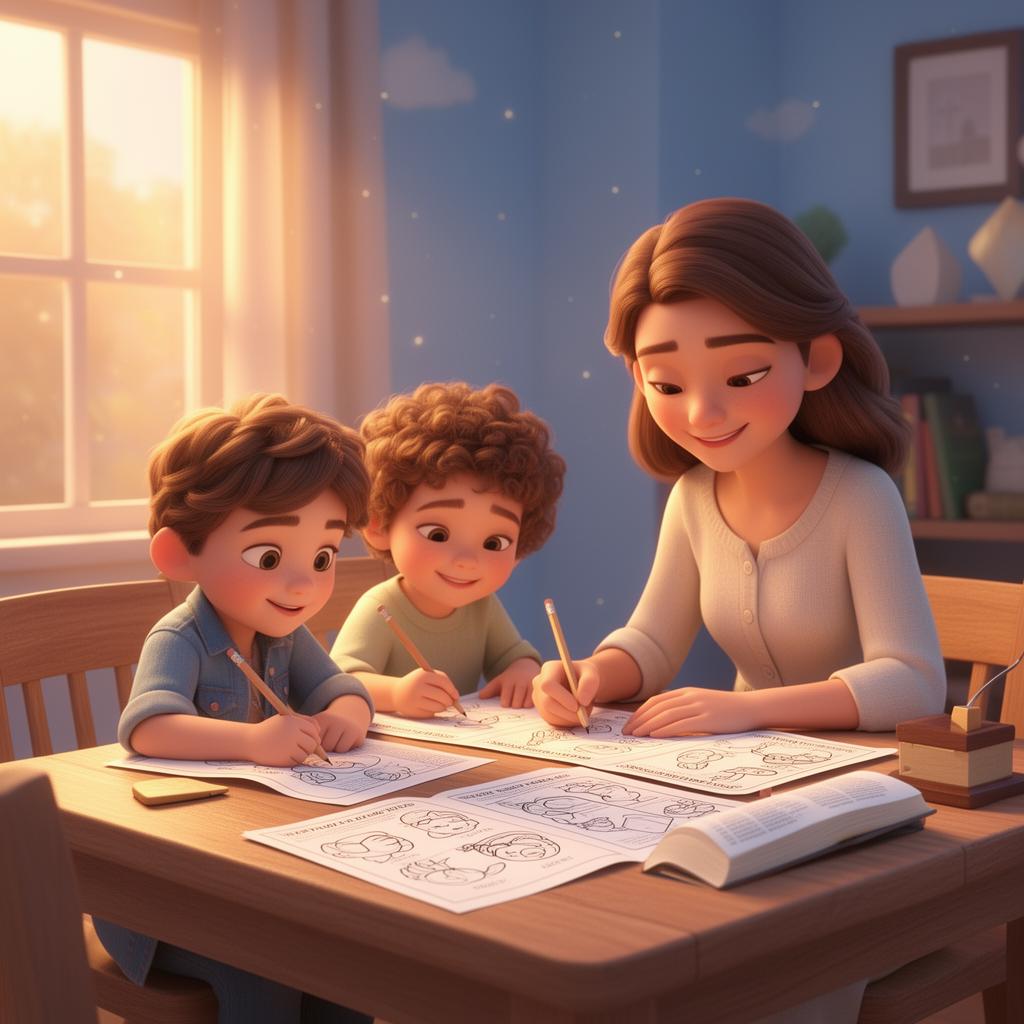 Família usando os materiais impressos